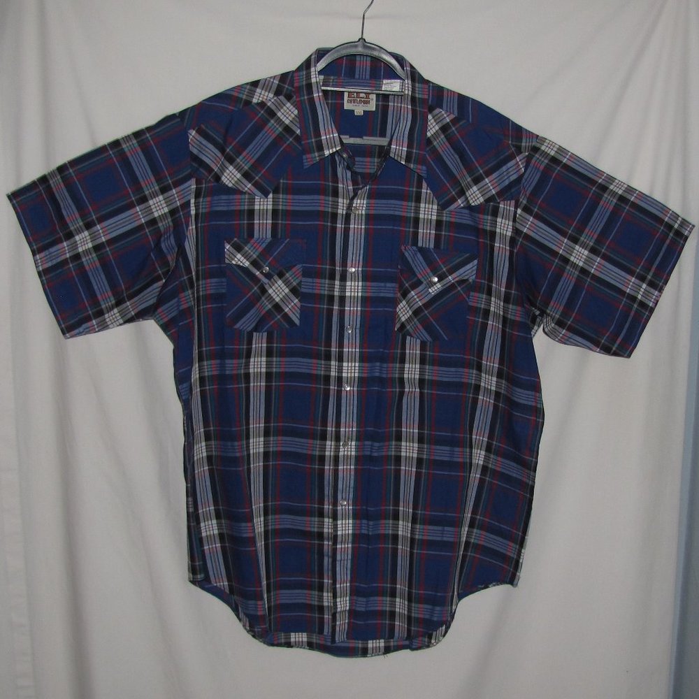 Mens' Ely Cattleman Pearl Snap Plaid Blue Red White Short Sleeve Shirt Size XXL
